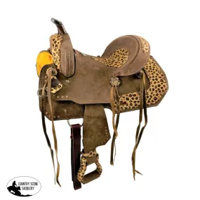 10" Double T  Youth Hard Seat Barrel style saddle with Cheetah Seat.