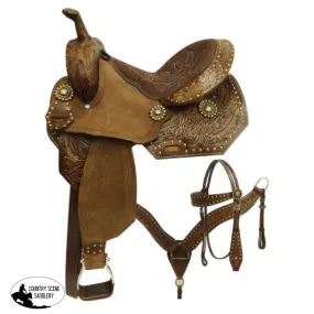 14", 15",  Economy style barrel saddle set with feather tooled design