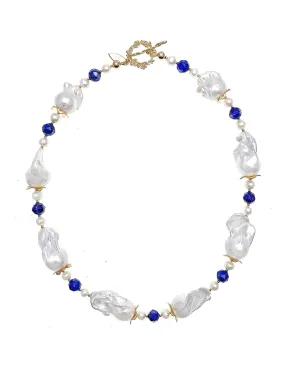 Baroque Pearls With Lapis Short Necklace HN002