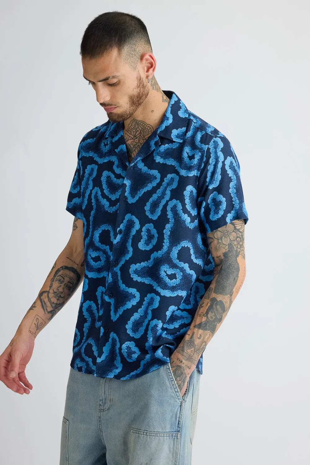 Black Abstract Men's Print Linen Shirt