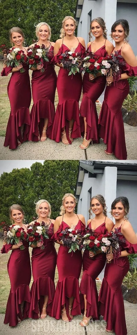 Burgundy Mermaid Off Shoulder Halter Long Bridesmaid Dresses Online, WG287