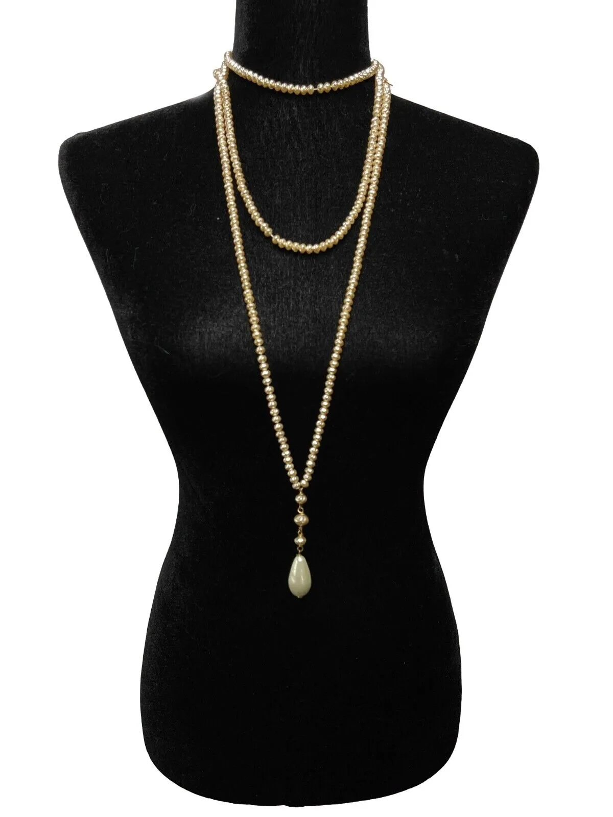 CHANEL - 94P Faux Pearl Vintage Tear Drop Long Strand Champagne Necklace