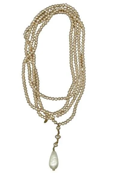 CHANEL - 94P Faux Pearl Vintage Tear Drop Long Strand Champagne Necklace