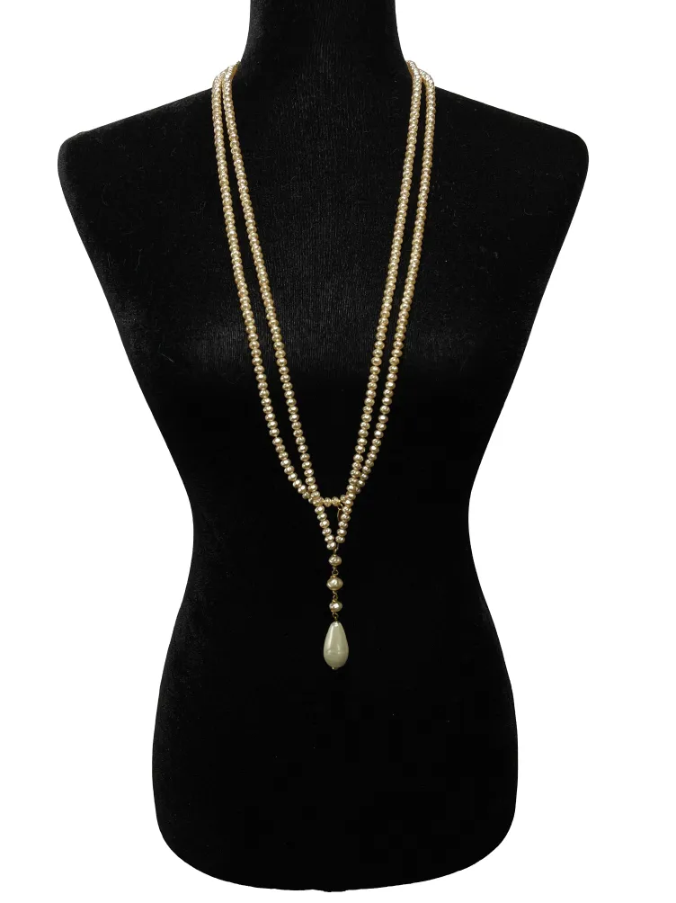 CHANEL - 94P Faux Pearl Vintage Tear Drop Long Strand Champagne Necklace