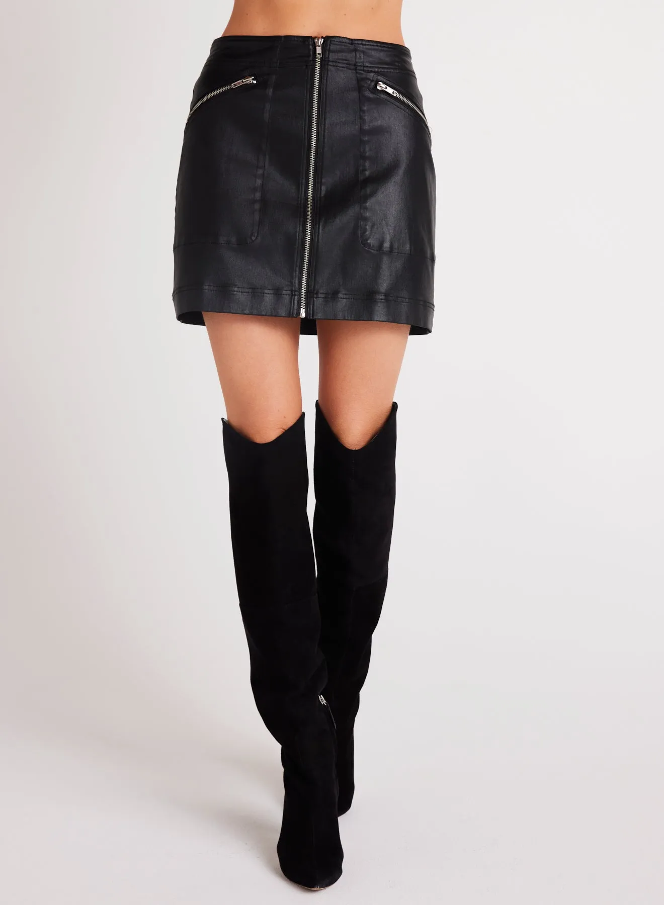 Coated Faux Leather Zip Mini Skirt - Black