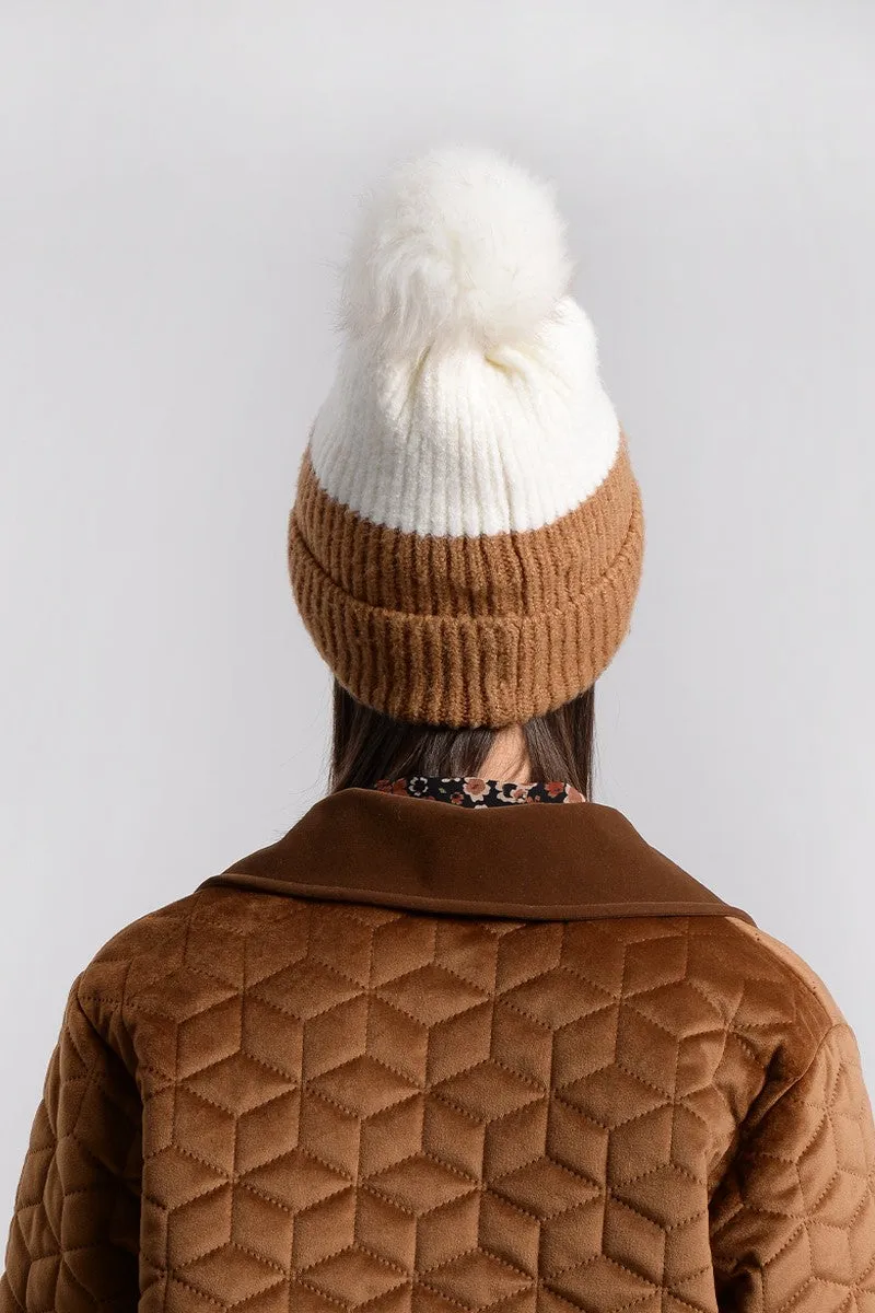 Cream & Camel Color block Pom Pom Hat