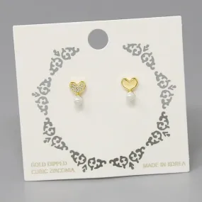 CZ Heart Pearl Stud Earrings