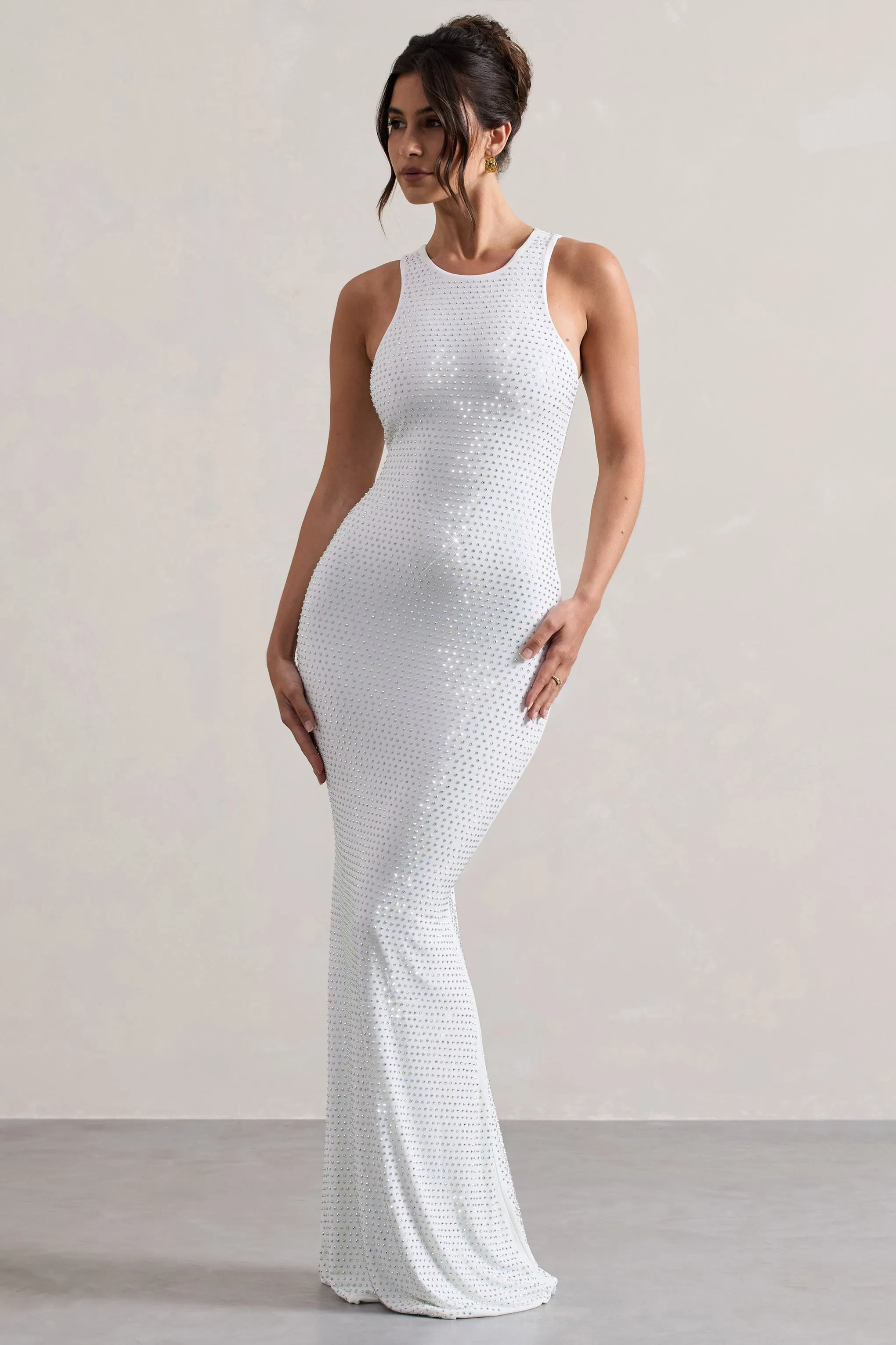 Escala | Robe longue blanche à strass et encolure arrondie