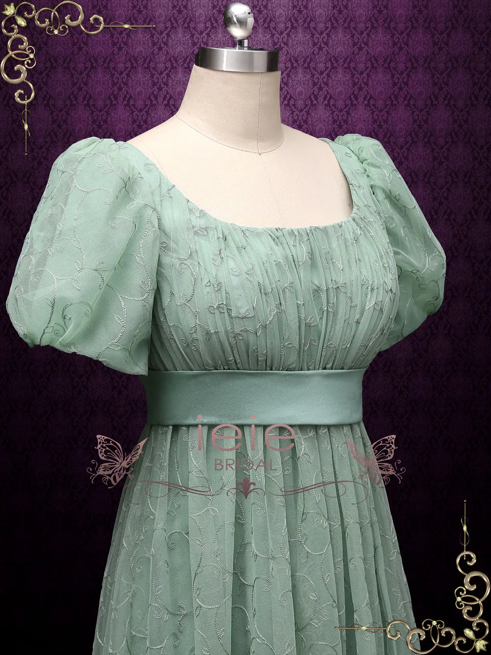 Green Regency Style Empire Dress with Floral Lace JOANNE