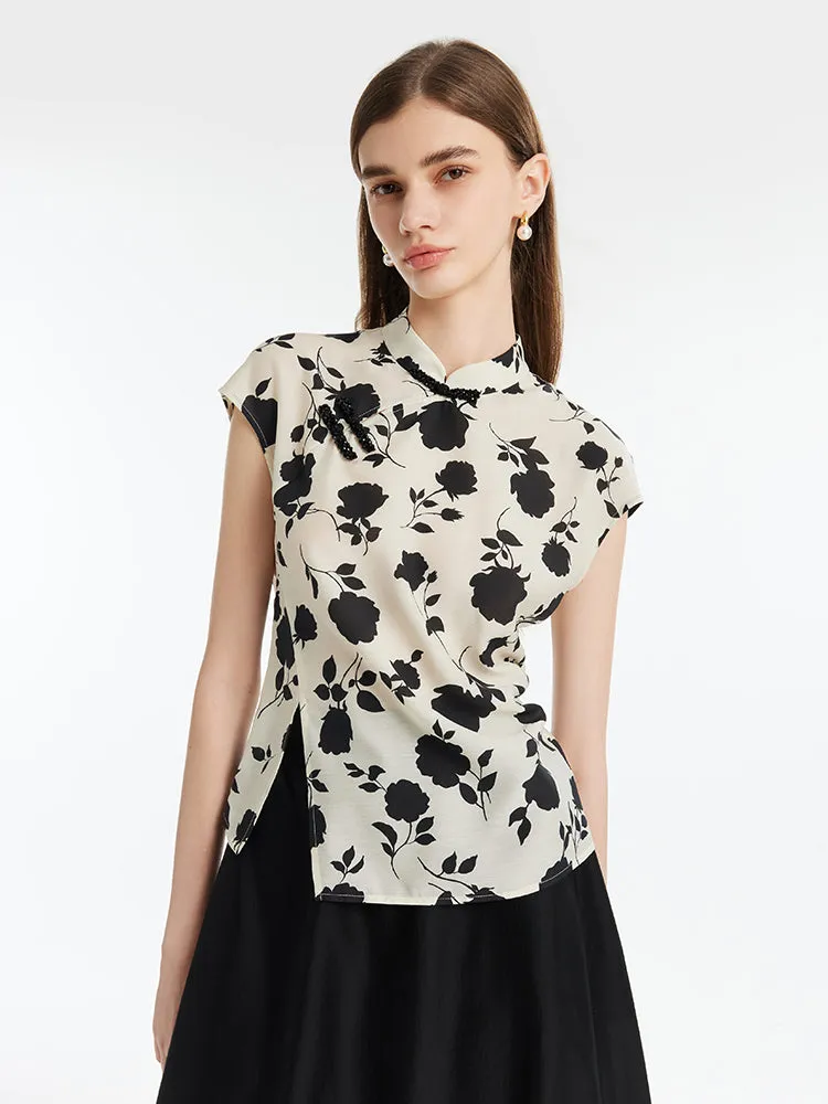 New Chinese-Style Acetate Rose Printed Top And Skirt Two-Piece Set