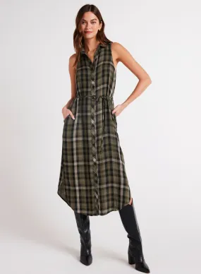 Sleeveless Button Down Midi Dress - Olive Plaid