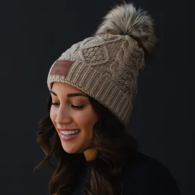 Tan Rock & Roll Patch Pom Beanie