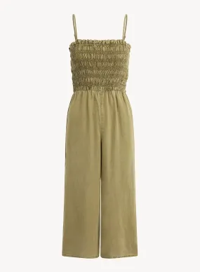 Wide Leg Smocked Ruffle Jumpsuit - French Olive