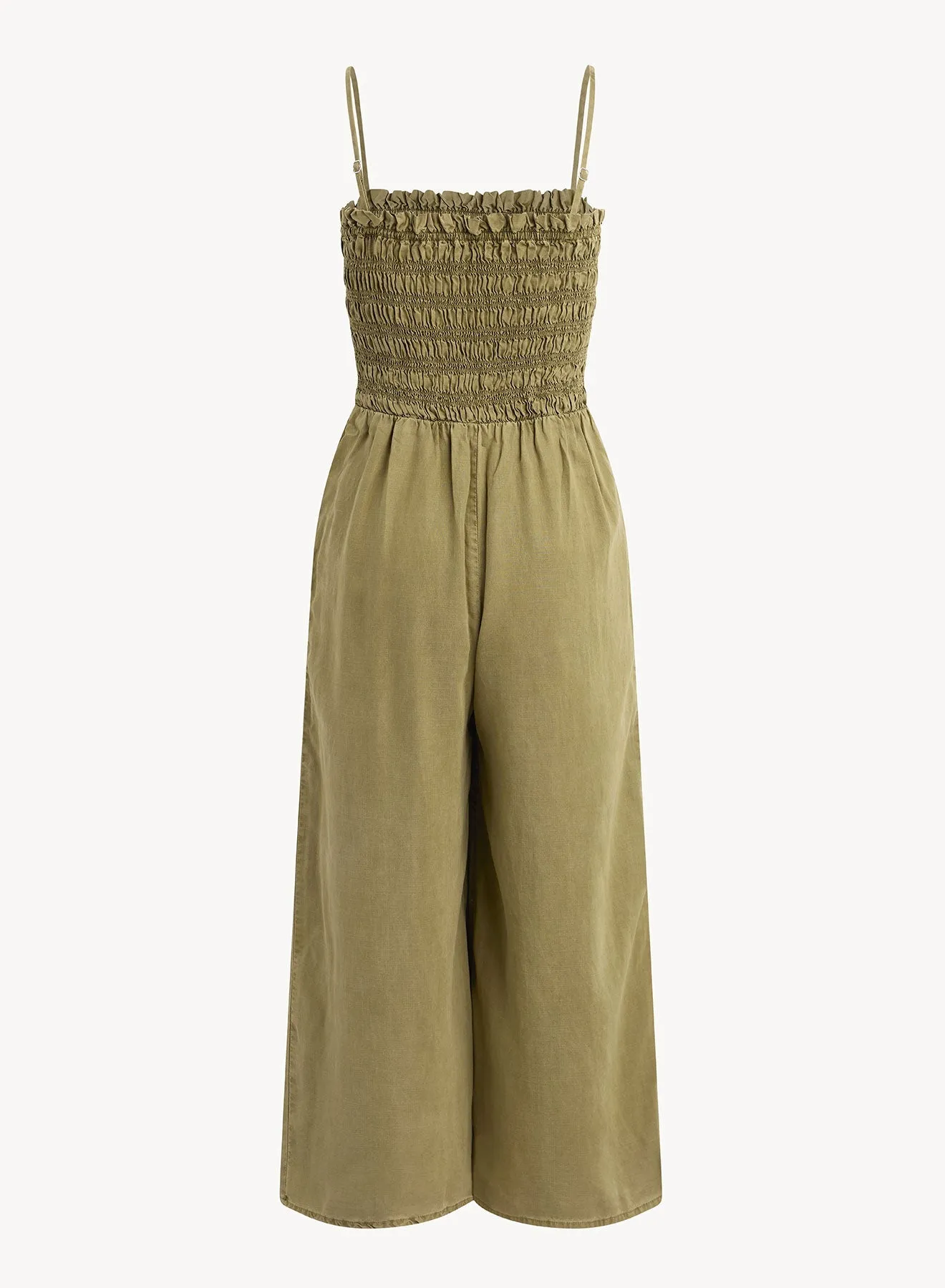 Wide Leg Smocked Ruffle Jumpsuit - French Olive